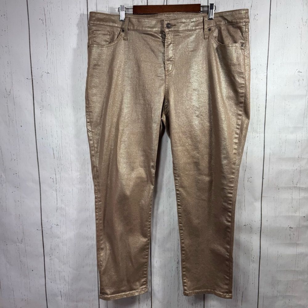 Chicos Womens Stretch Metallic Pants Elegant Gold Pockets Soft Shimmery Ankle